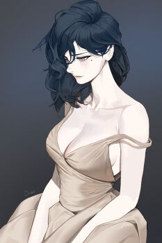 Rule 34 | 1girl, absurdres, artist name, black background, black hair, blush, breasts, cleavage, closed mouth, commentary, dress, english commentary, expressionless, from side, grey dress, grey eyes, hair between eyes, highres, large breasts, long hair, looking down, mole, mole under eye, ori dal, original, pale skin, sleeveless, sleeveless dress, solo, strap slip, upper body