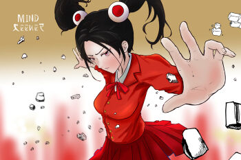 1girl asian black_hair blurry blurry_background breasts command_&amp;_conquer command_&amp;_conquer:_red_alert command_&amp;_conquer:_red_alert_3 english_text fingernails floating floating_hair floating_object from_above hair_tie highres japanese_flag looking_at_viewer medium_breasts medium_hair neckerchief pink_eyes red_neckerchief red_shirt red_skirt school_uniform shirt skirt solo telekinesis twintails user_hgv1045 yuriko_omega