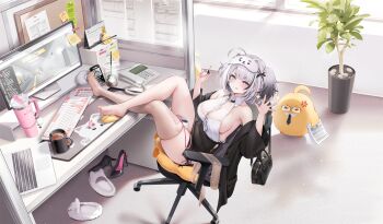 1girl :p absurdres ahoge armpit_crease artist_request azur_lane bare_legs bare_shoulders barefoot black_coat black_skirt breasts button_gap buttons chair cleavage closed_mouth clothing_cutout coat collared_shirt computer covered_navel cup dress_shirt fang feet gradient_hair grey_eyes hands_up high-waist_skirt highres hip_vent holding large_breasts legs_up long_sleeves looking_at_viewer manjuu_(azur_lane) miniskirt mug multicolored_hair no_bra non-web_source off_shoulder office_chair official_alternate_costume official_art open_clothes open_coat pencil_skirt reclining see-through_cleavage see-through_clothes see-through_thighhighs shirt sideboob sideless_shirt single_sock_removed single_thighhigh sitting skindentation skirt sleep_mask sleeveless sleeveless_shirt smile smug soles solo streaked_hair swivel_chair thick_eyebrows thighhighs thighs toes tongue tongue_out torn_clothes torn_socks torn_thighhighs two_side_up v-shaped_eyebrows white_shirt white_thighhighs z13_(azur_lane) z13_(strategic_date_solution)_(azur_lane)