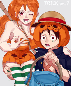 1boy 1girl bare_shoulders black_eyes black_hair black_shirt breasts bucket collarbone commentary_request cross_scar dress facial_scar feet_out_of_frame green_thighhighs grey_background halloween halloween_costume hand_on_another&#039;s_shoulder hand_on_another&#039;s_thigh hat high_ponytail highres holding holding_bucket large_breasts long_hair looking_at_viewer money_gesture monkey_d._luffy nami_(one_piece) official_alternate_costume one_eye_closed one_piece open_clothes open_mouth open_shirt orange_dress orange_hair pandar_op ponytail print_dress pumpkin_hat pumpkin_print red_eyes scar scar_on_cheek scar_on_chest scar_on_face shirt short_dress simple_background single_sidelock strapless strapless_dress straw_hat striped_clothes striped_dress striped_thighhighs thighhighs trick-or-treating upper_body vertical-striped_clothes vertical-striped_dress wavy_hair
