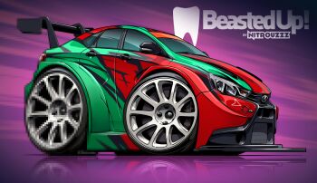 Rule 34 | arrow (symbol), artist name, car, censored, chibi, fake censor, from side, green car, lada (car), lada vesta, mosaic censoring, motor vehicle, nitrouzzz, no humans, original, red car, reflection, reflective floor, spoiler (automobile), vehicle focus