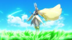 1boy 1girl animal_ears animated arm_blade armor armored_boots attack aura blade blonde_hair blue_sky boots brown_hair claws crazy_eyes diarbbitmon digimon digimon_(creature) digimon_ghost_game evolution explosion fangs formal_clothes gauntlets glowing glowing_sword glowing_weapon grass green_eyes holding holding_sword holding_weapon horns lamortmon long_hair looking_at_another looking_at_viewer looking_to_the_side mask medium_hair monster_boy neon_lights no_humans open_mouth rabbit_mask riding serious sharp_teeth short_hair simple_background sky slashing standing sword tagme tail teeth toei_company transformation video weapon winged_arms wings yellow_eyes