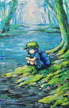 1girl backpack bag blue_bag blue_eyes blue_hair boots closed_mouth commentary_request doggo_1d34 forest green_boots green_hat hat highres hugging_own_legs kawashiro_nitori looking_at_viewer nature outdoors sitting solo stream touhou traditional_media