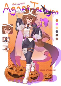 1girl absurdres agnes_tachyon_(umamusume) ahoge alternate_costume animal_ears bandaged_head bandaged_leg bandages bat_(animal) belt black_cape black_jacket black_pants blush breasts brown_hair cape chinese_commentary commentary cork earrings english_text fangs full_body hair_between_eyes halloween halloween_costume highres holding holding_test_tube horse_ears horse_girl horse_tail jack-o&#039;-lantern jacket jewelry long_sleeves looking_at_viewer medium_hair nanaken_(qijian23092715) necktie open_clothes open_jacket open_mouth pants pumpkin red_eyes shirt shoes short_necktie silk single_earring skin_fangs sleeves_past_fingers sleeves_past_wrists smile socks spider_web tail test_tube thigh_strap umamusume white_shirt white_socks