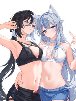 2girls absurdres animal_ears artist_request bra cat_ears closed_mouth commentary_request fingernails hair_ornament highres long_hair looking_at_viewer middle_finger multiple_girls original short_shorts shorts underwear