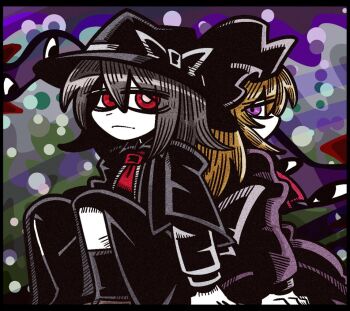 ascot back-to-back black_capelet black_hair black_hat black_skirt black_socks blonde_hair bow capelet disembodied_eye dress gap_(touhou) hair_between_eyes hand_on_ground hand_rest hat hat_bow long_dress looking_at_another maribel_hearn medium_hair mob_cap necktie pink_ascot polka_dot purple_dress purple_eyes red_eyes shirt sitting skirt sleeve_cuffs socks suenari_(peace) touhou usami_renko white_bow white_hat white_shirt