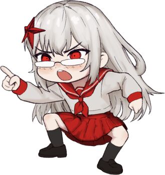 1girl angry bad_link black_shoes black_socks chibi deformed glasses hair_ornament hearts_of_iron iaart1 index_finger_raised loafers long_hair miniskirt necktie opaque_glasses red_eyes red_necktie red_sailor_collar red_skirt red_star sailor_collar school_uniform serafuku shirt shoes skirt socks solo soource:file_provided_by_artist star_(symbol) star_hair_ornament teeth the_fire_rises the_long_march_(tfr) transparent_background upper_teeth_only white_hair white_shirt