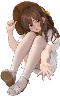 1girl absurdres adjusting_clothes adjusting_headwear blush bow bowtie brown_eyes brown_hair chinese_commentary commentary_request dress full_body grass hair_between_eyes hat highres knees_up long_hair looking_at_viewer on_grass on_ground open_mouth original outdoors outstretched_arm panties panties_under_pantyhose pantyhose plant shoes simple_background sitting underwear white_background white_dress white_panties white_pantyhose white_shoes yellow_bow yellow_bowtie yewang19 yu_xuan_(yewang19)