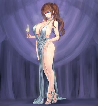 1girl azur_lane blue_eyes breasts brown_hair champagne_flute commentary_request cosplay cup dress drinking_glass female_pubic_hair fujisaki_yua full_body high_heel_sandals highres huge_breasts kikuru_(vtuber) kiyama_satoshi large_breasts long_hair looking_at_viewer no_panties pubic_hair sandals silver_dress smile solo st._louis_(azur_lane) st._louis_(azur_lane)_(cosplay) standing twintails virtual_youtuber
