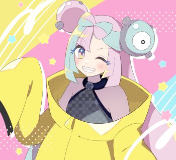 1girl blush bow-shaped_hair character_hair_ornament commentary_request grey_shirt grin hair_ornament happy highres iono_(pokemon) jacket long_hair long_sleeves looking_at_viewer nintendo one_eye_closed pink_eyes pink_hair pokemon pokemon_sv shirt sleeveless sleeveless_shirt smile solo star_(symbol) teeth tsuki0425 upper_body yellow_jacket