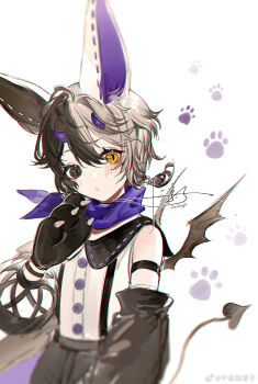 1boy ahoge animal_ears animal_hands arm_strap black_eyes black_hair black_shorts black_wings blush buttons chinese_commentary commentary_request cowboy_shot demon_boy demon_horns demon_tail demon_wings detached_sleeves gloves hair_between_eyes hand_up heterochromia highres horns long_sleeves looking_at_viewer lovebrush_chronicles low_ponytail male_focus mini_wings mismatched_animal_ear_colors multicolored_hair official_artist_extra paul_(lovebrush_chronicles) paw_gloves paw_print paw_print_background peter_pan_collar petite ponytail puffy_long_sleeves puffy_sleeves purple_horns purple_scarf scarf senryoko shirt short_eyebrows short_hair shorts signature simple_background single_bare_shoulder sleeveless sleeveless_shirt slit_pupils solo split-color_hair stitches suspenders tail triangle_mouth watermark weibo_watermark white_background white_hair white_shirt wings yellow_eyes