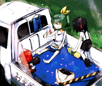 2girls absurdres bento black_hair black_shoes black_skirt blue_skirt bow brown_shoes chopsticks closed_eyes commentary_request cookie_(touhou) daiyousei diyusi_(cookie) food food_art full_body grass green_hair hair_bow high_ponytail highres holding holding_chopsticks ishizaki_(ishizaki100) kei_truck motor_vehicle multiple_girls open_mouth pickup_truck ponytail red_bow shirt shoes short_hair sitting siyudi_(cookie) skirt suspender_skirt suspenders tako-san_wiener tank_top touhou truck unworn_shoes white_shirt white_tank_top yellow_bow
