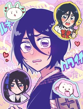 1046sstep_btoh 1girl black_hair bleach blush bow bowtie commentary embarrassed hair_between_eyes heart kuchiki_rukia looking_at_viewer multiple_views open_mouth rabbit red_bow red_bowtie short_hair speech_bubble teeth upper_body upper_teeth_only wavy_mouth