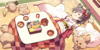 1girl :3 ahoge bento blush breasts brown_hair closed_eyes commentary_request crop_top detached_sleeves food furisode_sleeves grey_streaks hagoita hand_up hane_(hanetsuki) hanetsuki hololive indoors japanese_clothes juubako kimono kosode kotatsu matsurisu medium_hair midriff_peek multicolored_hair natsuiro_matsuri natsuiro_matsuri_(new_year) new_year nontraditional_miko obi official_alternate_costume official_alternate_hairstyle osechi paddle sash side_ponytail sleeping sleeveless sleeveless_kimono small_breasts solo streaked_hair table tokumaro under_kotatsu under_table virtual_youtuber white_kimono wide_sleeves yellow_sash zouni_soup