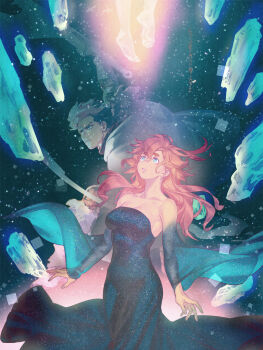 Rule 34 | 1boy, 1girl, bare shoulders, black dress, black hair, blue eyes, breasts, cleavage, commentary request, cow, debris, detached sleeves, dress, guel jeturk, gundam, gundam suisei no majo, hair between eyes, highres, ivy hermit, long dress, long hair, medium breasts, multicolored hair, pink hair, red hair, space, strapless, strapless dress, suletta mercury, thick eyebrows, two-tone hair, wide sleeves