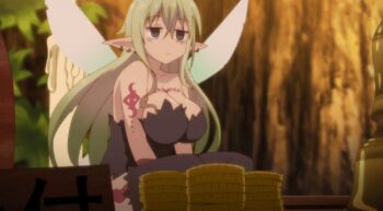 1girl 2020 20s aloe_(ishuzoku_reviewers) animated animated_gif bags_under_eyes bare_shoulders barefoot black_footwear black_shirt black_thighhighs boots breasts candle cleavage earrings empty_eyes fairy fairy_wings green_hair ishuzoku_reviewers jewelry large_breasts legs long_hair mini_person minigirl money nail_polish no_pants pink_eyes pointy_ears ruler shirt single_boot single_thigh_boot single_thighhigh smile strapless strapless_shirt table tattoo thigh_boots thighhighs thighs unworn_footwear unworn_legwear wings