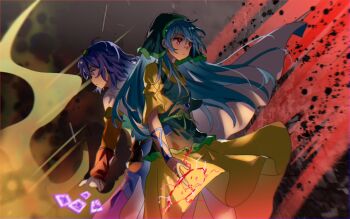 2girls apron back-to-back blue_hair cape closed_mouth dress green_apron green_headscarf green_headwear hairband haniyasushin_keiki headscarf highres long_hair long_sleeves maisuiren multicolored_clothes multicolored_hairband multiple_girls patchwork_clothes red_eyes short_hair short_sleeves single_strap spell_card tenkyuu_chimata touhou white_cape yellow_dress