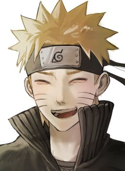 1boy black_jacket blonde_hair deng_gge facial_mark forehead_protector highres jacket male_focus naruto_(series) naruto_shippuuden open_mouth short_hair simple_background smile solo upper_body uzumaki_naruto whisker_markings white_background