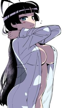 1girl arched_back arms_up black_hair blue_eyes blunt_bangs blunt_ends blunt_sidelocks blush breasts cleavage closed_mouth commentary_request cowboy_shot hime_cut kagaminomachi_no_kaguya kaguya_(kagaminomachi_no_kaguya) kusanagi_tonbo large_breasts long_hair long_sleeves looking_at_viewer naked_shirt open_clothes open_shirt see-through_clothes see-through_shirt shirt sidelocks simple_background smile solo standing very_long_hair white_background