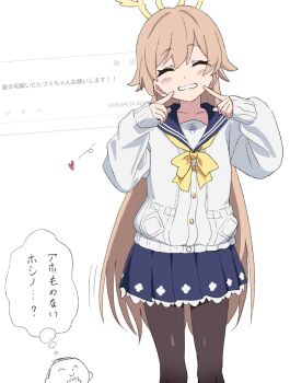 1girl blonde_hair blue_archive blue_sailor_collar blue_skirt cardigan hair_between_eyes halo hifumi_(blue_archive) highres long_hair long_sleeves momomatang pantyhose pleated_skirt sailor_collar school_uniform serafuku skirt smile speech_bubble thought_bubble trinity_general_school_logo very_long_hair white_cardigan winged_halo yellow_halo