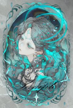 1girl anyloool beads blue_eyes blue_gem blue_halo brown_hair closed_mouth colored_eyelashes earrings eyelashes facial_mark fingernails forehead_mark gem hair_ornament halo image_sample jewelry lips long_hair looking_afar mihuashi_sample mole mole_under_eye multicolored_hair original parted_bangs portrait sample_watermark solo two-tone_hair watermark wavy_hair