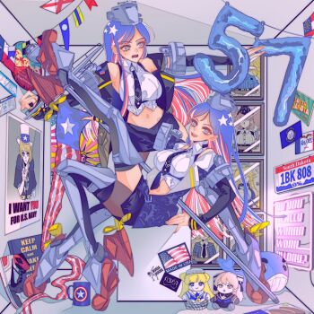 2girls american_flag anno88888 atlanta_(kancolle) balloon black_neckwear black_skirt blue_hair blush breasts character_doll commentary cup doll dual_persona english_commentary english_text flag fletcher_(kancolle) gambier_bay_(kancolle) hat headgear highres hornet_(kancolle) i_want_you intrepid_(kancolle) iowa_(kancolle) johnston_(kancolle) kantai_collection keep_calm_and_carry_on large_breasts license_plate little_blue_whale_(kancolle) long_hair long_sleeves mug multicolored_hair multiple_girls necktie open_mouth red_hair rudder_footwear shirt skirt south_dakota_(kancolle) star_(symbol) statue_of_liberty sweat vest white_hair