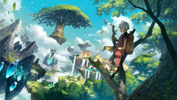 1boy above_clouds ahoge architecture backpack bag bird blue_hair blue_sky building cloud cloudy_sky commentary_request cool_colored dappled_sunlight day fairy falling_leaves fingerless_gloves floating_island flock forest giant_tree gloves glowing grass green_socks highres holding holding_paper karst leaf male_focus mesoamerican_architecture nature original outdoors paper path pink_vest pyramid_(structure) road scenery shoes short_hair sky socks solo sparkle standing_on_branch sunlight too_many too_many_birds tree two-tone_shorts vest village water waterfall yoshida_seiji