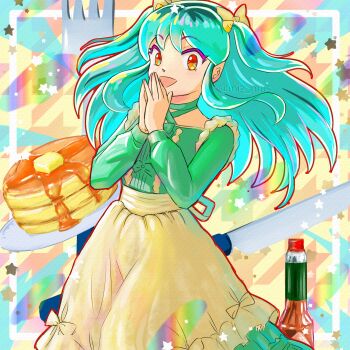 1girl absurdres alternate_costume alternate_hairstyle apron artist_name bottle bow butter choker commentary_request dress food fork frilled_apron frills green_bow green_choker green_dress green_hair hair_bow hands_up highres knife long_dress long_hair looking_at_viewer lum miz_mus open_mouth orange_eyes own_hands_together pancake pancake_stack plate pointy_ears sidelocks smile solo standing star_(symbol) syrup twitter_username two_side_up urusei_yatsura waist_apron white_apron white_bow yellow_bow