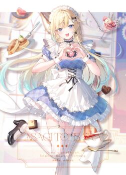 1girl aizawa_ema apron aqua_hair black_shoes blonde_hair blue_dress blue_eyes blunt_bangs blush braid braided_bangs breasts choker commentary_request dress frilled_choker frilled_dress frills garter_straps gradient_hair hair_flaps hair_ornament head_tilt heart heart_hands high_heels highres layered_dress long_hair looking_at_viewer maid maid_apron maid_headdress moe_moe_kyun! multicolored_hair official_artist_extra open_mouth puffy_short_sleeves puffy_sleeves shoes short_sleeves smile solo standing standing_on_one_leg thighhighs toosaka_asagi virtual_youtuber vspo! watermark white_apron white_garter_straps white_thighhighs white_wrist_cuffs wrist_cuffs