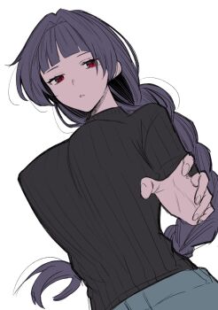 1girl black_sweater blunt_bangs empty_eyes from_below highres kurose_tokiko long_hair looking_at_viewer masuda_chihiro purple_hair red_eyes ribbed_sweater simple_background solo sweater white_background zombie zombie_no_afureta_sekai_de_ore_dake_ga_osowarenai