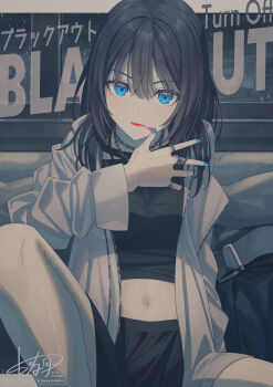 1girl black_hair black_shirt black_skirt blue_eyes blue_nails commentary crop_top english_commentary hair_ornament highres jacket jewelry koh_rd lipstick looking_at_viewer makeup midriff multiple_rings nail_polish navel open_clothes open_jacket original ring shirt skirt smeared_lipstick solo white_jacket