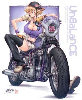 1girl 2026 boots breasts glasses gloves happy_new_year helmet highres huge_breasts lita_(unbalance) motor_vehicle motorcycle motorcycle_helmet new_year tomboy unbalance