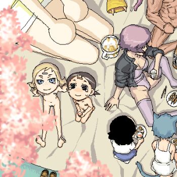 1boy 6+girls bandaid bandaid_on_face bandaid_on_forehead bandaid_on_pussy bandaids_on_nipples black_eyes black_hair blonde_hair blue_eyes character_request cherry_blossoms commentary_request crossover crying crying_with_eyes_open drink flat_chest from_above ghost_in_the_shell giant giantess hanami hijiri_rei kusanagi_motoko loli lowres multiple_girls navel nude oekaki original pasties short_twintails smile teardrop tears twintails