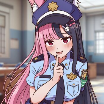 1girl animal_ears artist_request black_hair black_necktie blue_hat blue_shirt blurry blurry_background blush bow breast_pocket breasts commentary english_commentary fang hair_bow hand_up hat index_finger_raised indie_virtual_youtuber indoors large_breasts long_hair looking_at_viewer marshie_(vtuber) multicolored_hair necktie open_mouth parted_bangs pink_bow pink_hair pocket police police_badge police_hat police_uniform policewoman rabbit_ears rabbit_girl raised_inner_eyebrows red_eyes second-party_source shirt short_sleeves skin_fang smile solo split-color_hair two-tone_hair upper_body virtual_youtuber