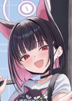 1girl :d animal_ears black_choker black_hair blue_archive blue_background blunt_bangs blunt_ends blush cat_ears cat_girl choker colored_inner_hair halo highres kazusa_(blue_archive) looking_at_viewer multicolored_hair open_mouth pink_hair pink_halo portrait rama_(yu-light8) red_eyes shirt smile solo two-tone_hair white_shirt
