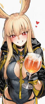 absurdres blonde_hair blush breasts cup drinking_glass fate/grand_order fate_(series) feathered_wings head_wings heart highres kamisato_sora long_hair looking_at_viewer medium_breasts red_eyes smile solo swimsuit thrud_(fate) thrud_(swimsuit_assassin)_(fate) valkyrie_(fate) wine_glass wings