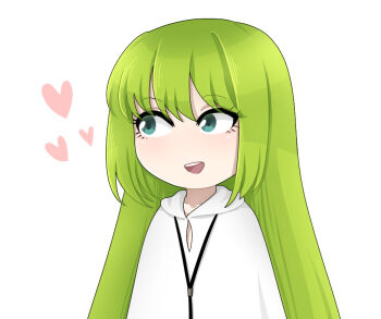 Rule 34 | 1girl, blue eyes, chibi, chibi only, coat, collarbone, enkidu (fate), fate/grand order, fate (series), gallaxi, green hair, heart, long coat, long hair, looking to the side, open mouth, simple background, solo, teeth, upper body, upper teeth only, white background, white coat