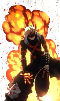 bakugou_katsuki blonde_hair blood blood_on_face boku_no_hero_academia bomb_devil_(chainsaw_man) chainsaw_man decapitation explosion gauntlets glowing glowing_hand highres omegaa_7 orange_eyes parted_lips short_hair spiked_hair spine victory