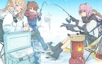 Rule 34 | 3girls, absurdres, blonde hair, boots, brown eyes, brown hair, brown scarf, commentary request, cooler, fishing rod, folded ponytail, highres, ice fishing, inazuma (kancolle), kantai collection, miss cloud, multiple girls, outdoors, pink hair, ranger (kancolle), scarf, short hair, snow, stove, tama (kancolle), wokyu (houkago no megane)