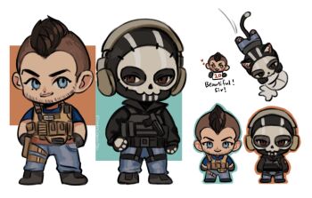2boys animal_ears beard_stubble black_hair brown_hair call_of_duty call_of_duty:_modern_warfare_2 cat_boy cat_ears cat_tail deformed facial_hair full_body ghost_(modern_warfare_2) headphones highres holding holding_sign kdf_(nomorelemontea) kemonomimi_mode looking_at_viewer male_focus mask multiple_boys mustache_stubble short_hair sign skull_mask smile soap_(modern_warfare_2) straight-on stubble tail thick_eyebrows undercut yaoi