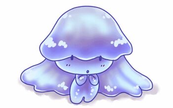 1girl animated animated_gif barefoot black_eyes blue_hair blue_skin blush chibi colored_skin long_hair looking_at_viewer monster_girl open_mouth original slime_girl standing white_background yamanokonza