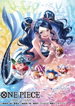 &gt;_&lt; 6+girls blonde_hair blue_hair blush_stickers brown_hair bubble child commentary_request copyright_name freckles hat head_rest highres ichika_(one_piece) ishilly koushi_rokushiro looking_at_viewer mermaid monster_girl multiple_girls nika_the_mermaid_(one_piece) official_art one_piece one_piece_card_game ponytail quintuplets red_hair sanka_(one_piece) sweatdrop swept_bangs teeth twintails upper_teeth_only v-shaped_eyebrows yonka yonka_two