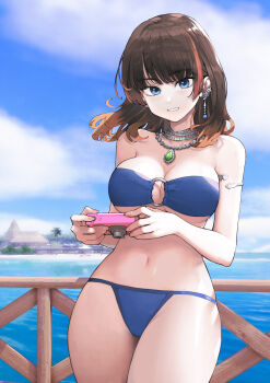 1girl absurdres armlet bikini blue_bikini blue_eyes breasts brown_hair camera cloud cloudy_sky commentary_request cowboy_shot day dead_or_alive dead_or_alive_xtreme dead_or_alive_xtreme_venus_vacation earrings floating_hair gem green_gemstone grin highres holding holding_camera jewelry jun_(navigavi) large_breasts legs_together long_hair looking_at_viewer nanami_(doa) navel necklace o-ring o-ring_bikini o-ring_top ocean official_art outdoors pearl_necklace railing second-party_source single_earring sky smile solo standing strapless strapless_bikini string_bikini swimsuit underboob venus_vacation_prism:_dead_or_alive_xtreme water