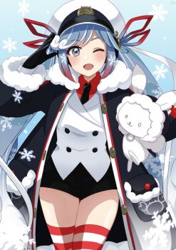 1girl aqua_eyes aqua_hair bird black_coat black_gloves black_necktie black_shorts blush coat commentary_request fur-trimmed_coat fur-trimmed_sleeves fur_trim gloves gradient_hair grey_eyes hair_between_eyes hair_ornament hair_ribbon hat hatsune_miku highres jacket long_hair long_sleeves looking_at_viewer miku_day multicolored_hair necktie official_alternate_costume official_alternate_hairstyle one_eye_closed open_mouth pukonuu rabbit rabbit_yukine red_hair red_ribbon red_shirt ribbon sailor_hat shirt short_shorts shorts smile snowflake_print striped_clothes striped_thighhighs thick_thighs thighhighs thighs twintails very_long_hair vocaloid white_hair white_jacket yuki_miku yuki_miku_(2022)