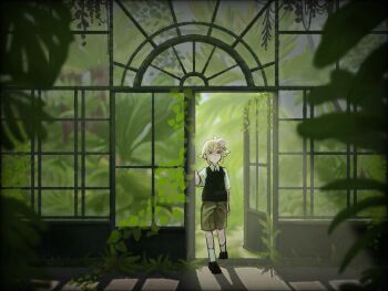 1boy antenna_hair basil_(faraway)_(omori) basil_(omori) black_shoes blonde_hair blue_eyes blurry blurry_foreground brown_shorts closed_mouth collared_shirt double-parted_bangs flower green_sweater_vest greenhouse hair_between_eyes hair_flower hair_ornament hashtag-only_commentary highres indoors looking_at_viewer male_focus omori shirt shoes short_hair short_sleeves shorts sidelocks socks solo sweater_vest white_shirt white_socks xox_toast_xox