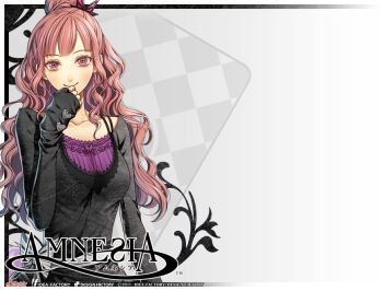 1girl amnesia amnesia_(idea_factory) brown_hair bug butterfly collarbone copyright_name curly_hair female_focus hair_bun hair_ornament hairpin hanamura_mai hand_on_own_face insect long_hair mine_(amnesia) official_art red_eyes shirt single_hair_bun smile solo