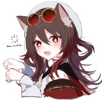 1girl absurdres animal_ear_fluff animal_ears blush bright_pupils brown_hair cat_ears cat_girl chinese_clothes commentary_request detached_sleeves double-parted_bangs english_text eyewear_on_head fang flower-shaped_pupils genshin_impact gradient_hair hair_between_eyes hands_up hat highres hu_tao_(cherries_snow-laden)_(genshin_impact) hu_tao_(genshin_impact) loading_icon long_hair looking_at_viewer magnet_8_8 multicolored_hair official_alternate_costume official_alternate_hairstyle open_mouth paw_pose portrait red-tinted_eyewear red_eyes red_hair round_eyewear shirt sidelocks simple_background skin_fang solo sunglasses symbol-shaped_pupils tinted_eyewear white_background white_hat white_pupils white_shirt