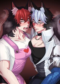 2boys animal_ears annoyed apron blush breasts breasts_squeezed_together clenched_teeth collarbone dog_boy dog_ears dog_tail jacket jewelry komano_manato komano_manato_(white_heart_silhouette) large_breasts large_pectorals multiple_boys muscular muscular_male necklace official_alternate_color official_alternate_costume open_mouth pectoral_cleavage pectoral_docking pectoral_focus pectoral_press pectoral_squeeze pectorals pink_apron scar scar_on_pecs sexually_suggestive short_hair sweatdrop tail teeth yaya_oredayo zenless_zone_zero