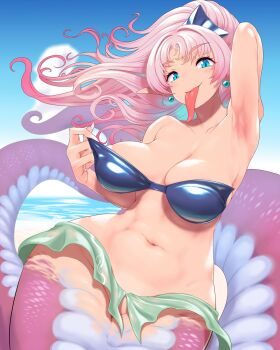 1girl beach bikini bikini_pull blue_eyes chrono_trigger clothes_pull earrings highres jewelry kous lamia monster_girl naga_(chrono_trigger) pink_hair pointy_ears snake_tail swimsuit tail tongue tongue_out