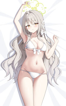 1girl absurdres alternate_costume bikini blue_archive blush breasts collarbone commentary_request green_halo grey_hair halo highres long_hair looking_at_viewer lying medium_breasts miyo_(blue_archive) navel on_back sob_(submar1089) solo stomach swimsuit white_bikini yellow_eyes
